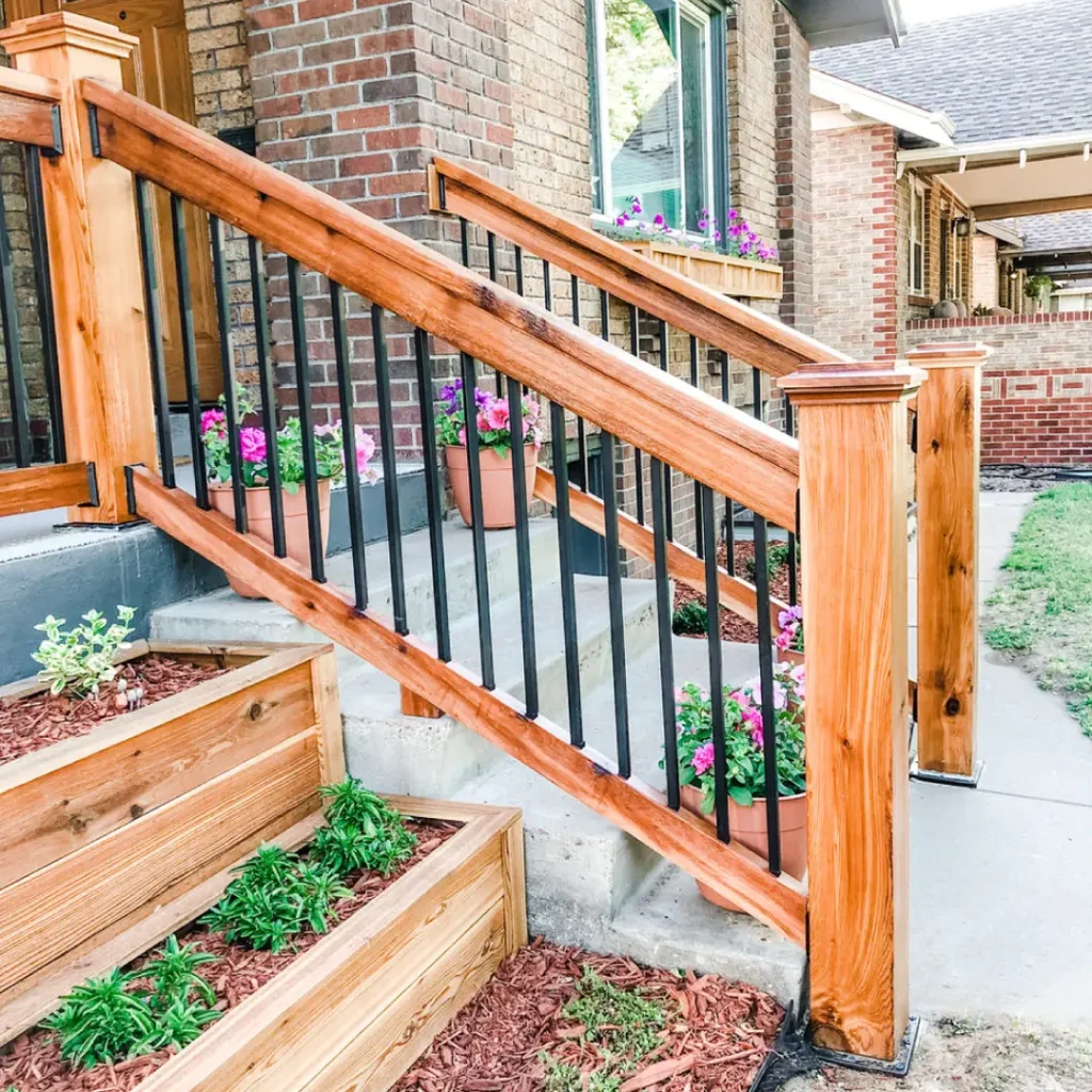 a wooden railings on a staircase of porch